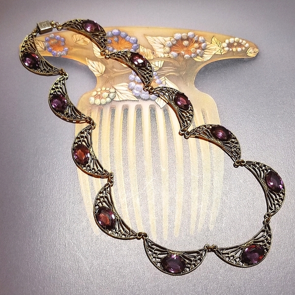 Antique Art Deco Filigree Purple Paste Stone Necklace - Picture 4 of 8